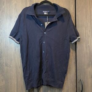French Connection Mens Navy Blue Knit Short Sleeve Button Down Shirt Size L
